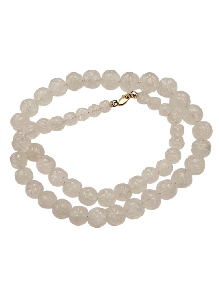 14k Carved Rose Quartz Strand Necklace, 17" Long, J782